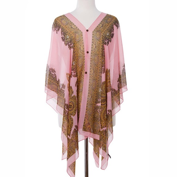 Button Down Pink Paisley V Neck Cape/ Poncho Summer/Spring - Picture 2 of 2